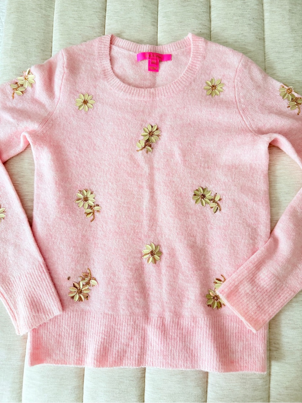 Lilly Pulitzer Pink Crewneck Sweater with Gold Floral Embellishments